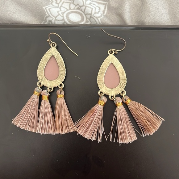 Pink and Gold Tear Drop Shaped Tassel Earrings - Picture 2 of 2